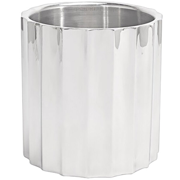 A silver fluted stainless steel cylinder container with a wavy design.