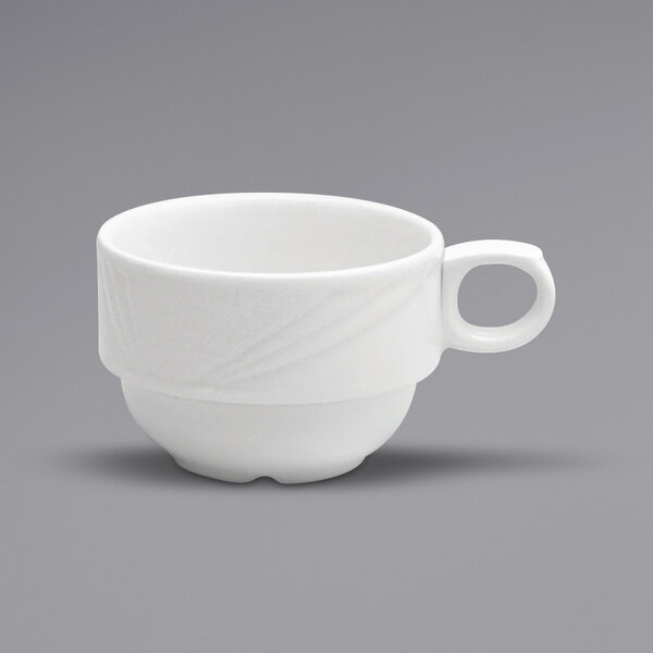 A Oneida Buffalo Arcadia bright white porcelain low cup with a white handle.