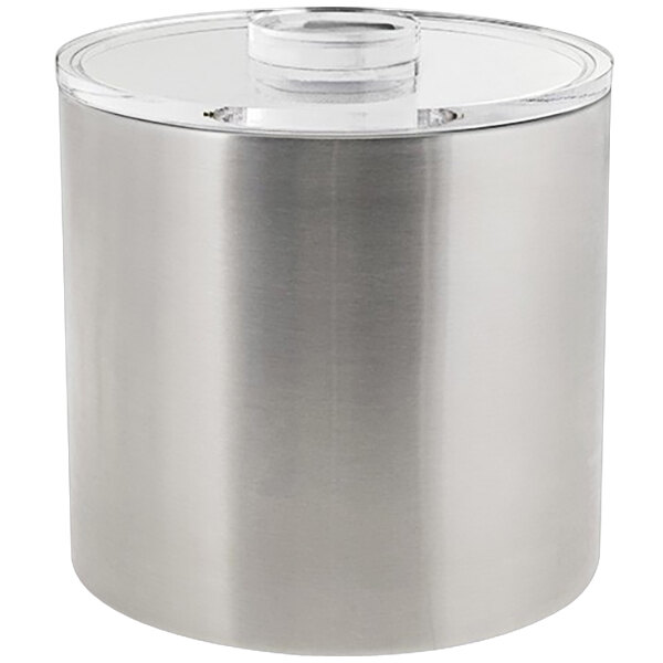 A silver stainless steel cylinder with a clear plastic lid.
