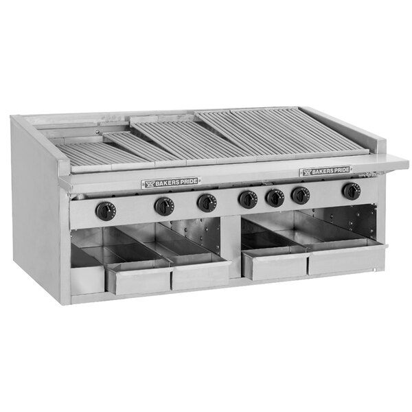 A large stainless steel Bakers Pride radiant charbroiler on a counter.