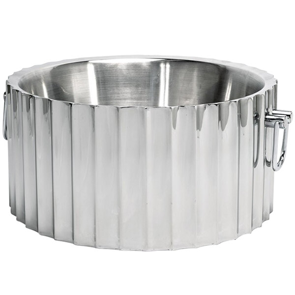A silver stainless steel bowl with handles.