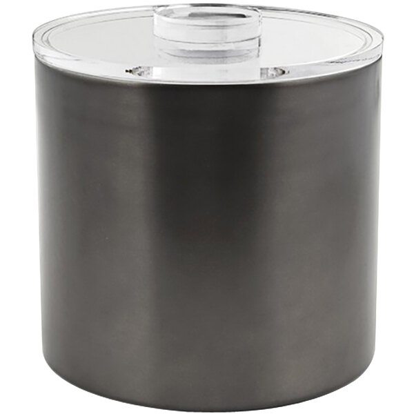 A matte black stainless steel ice bucket with a clear lid.