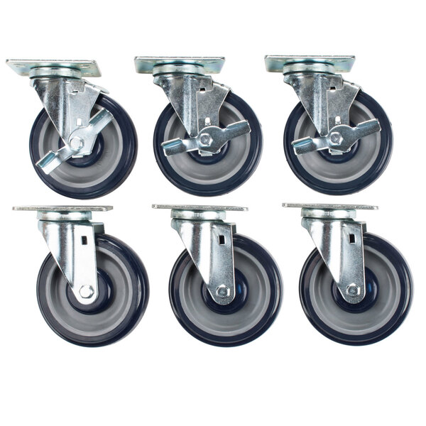 A set of six Regency casters with metal swivel wheels.