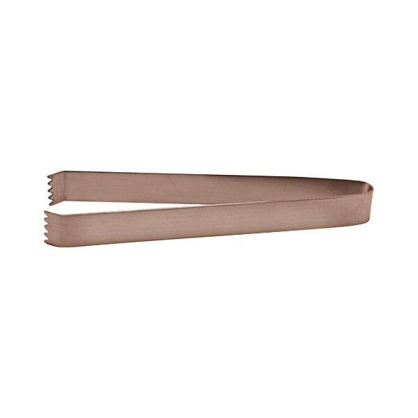 Rose gold brushed stainless steel tongs with a brown handle.