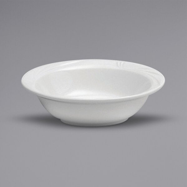 A white bowl with a rim and swirl design.