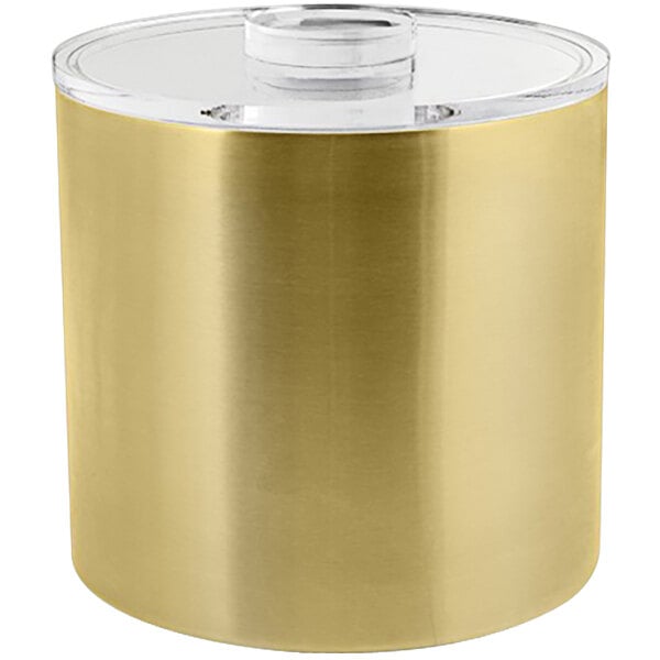 A gold stainless steel cylinder with a clear plastic lid.