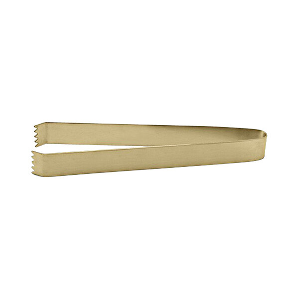 Matte brass brushed stainless steel tongs with gold accents.