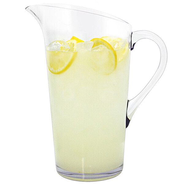 A Front of the House plastic pitcher of lemonade with ice and lemons.