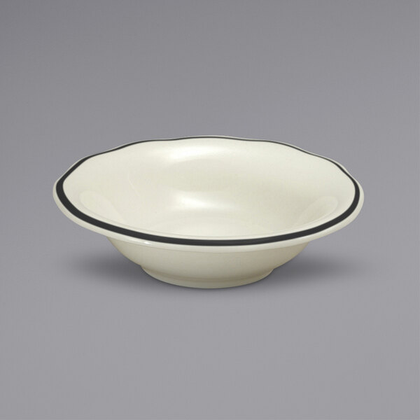 A white Oneida Buffalo china bowl with a black rim.