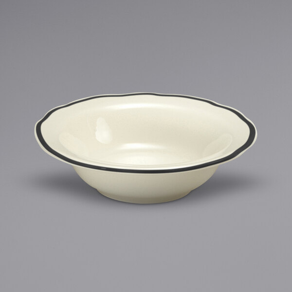 A white Oneida Buffalo Caprice china bowl with a black rim.