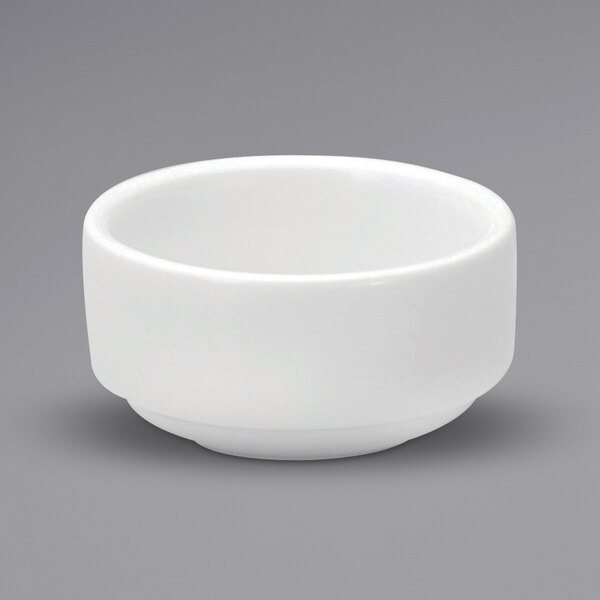 A white Oneida Buffalo porcelain ramekin.