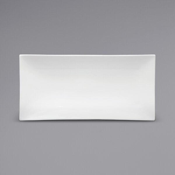 A white rectangular porcelain sushi platter with rolled edges.