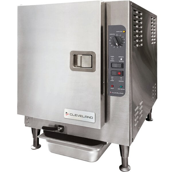 A Cleveland SteamChef countertop convection steamer with knobs and buttons on a stainless steel door.