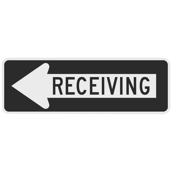 A black and white rectangular sign with "Receiving" in white text and a white arrow pointing to the left.