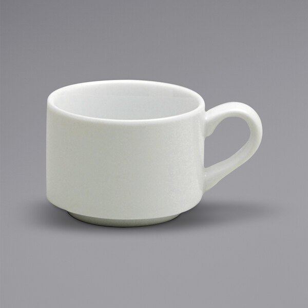 A white Oneida Buffalo porcelain cup with a handle.