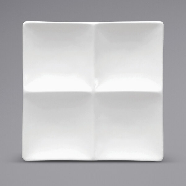 A white square Oneida Buffalo porcelain platter with four compartments.