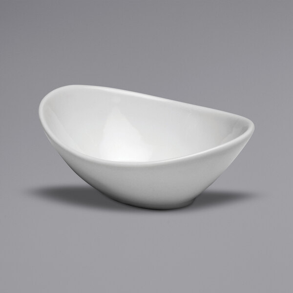 A close up of a white Oneida Buffalo oval porcelain bowl.