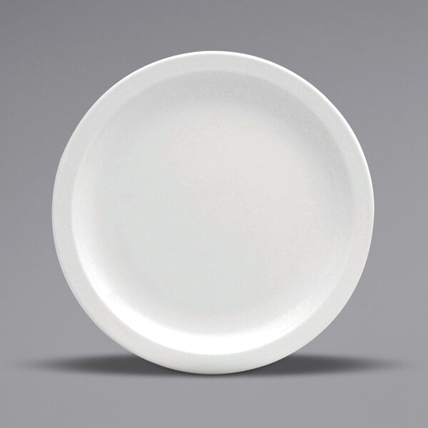 A close up of a Oneida Buffalo Bright White Ware narrow rim porcelain plate.