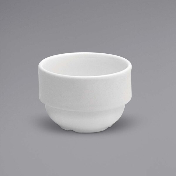 A stackable white porcelain Oneida Buffalo bouillon cup.