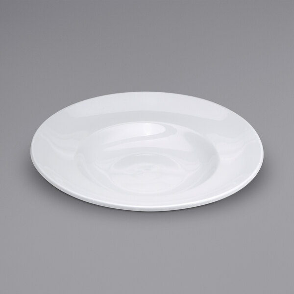A Oneida Buffalo Bright White Ware porcelain bowl with a wide rim.