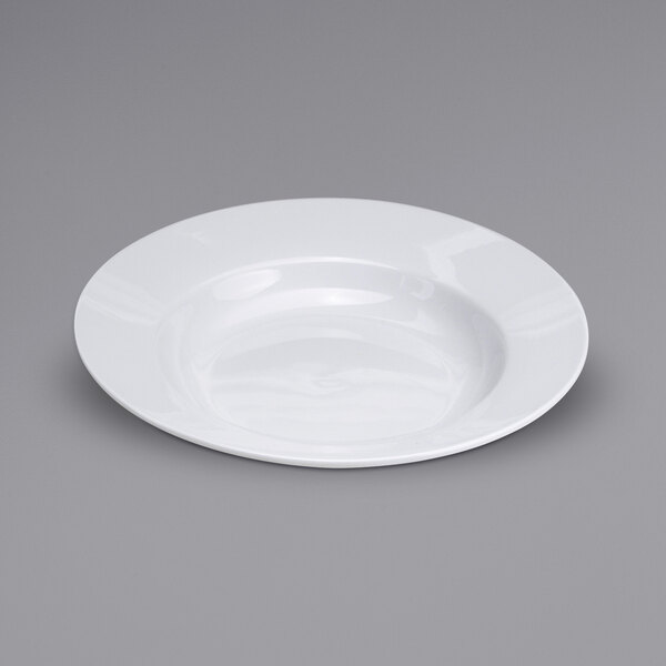 A white Oneida Buffalo porcelain soup bowl with a wide rim.