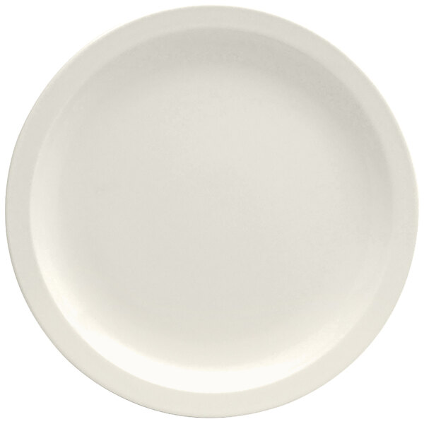 A Oneida Buffalo Cream White Ware narrow rim porcelain plate with a plain white edge.