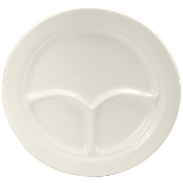 A close-up of a Oneida Buffalo white porcelain compartment plate with three ovals.