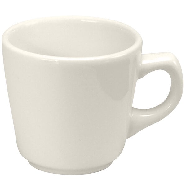 A Oneida Buffalo Cream White Ware narrow rim porcelain Jose cup with a white handle.