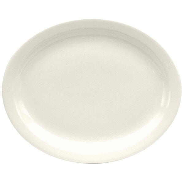 A white oval Oneida Buffalo porcelain platter with a plain edge.