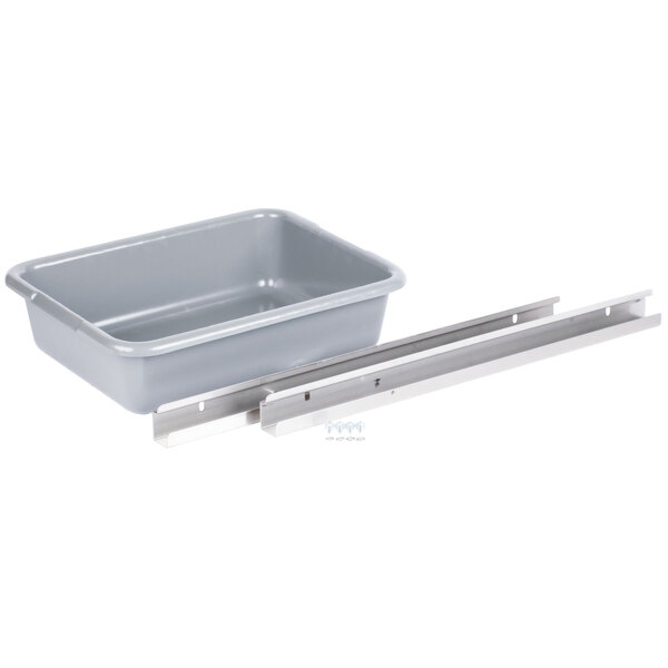A grey plastic container with metal brackets and a handle.