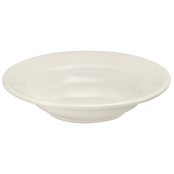 A Oneida Buffalo Cream White Ware wide rim porcelain soup bowl with a white background.