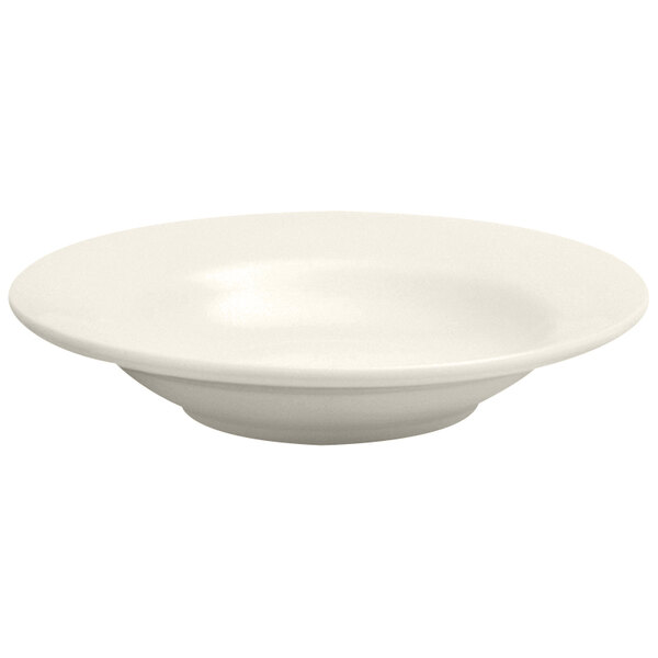 A close-up of a Oneida Buffalo Cream White Ware wide rim porcelain soup bowl on a white background.