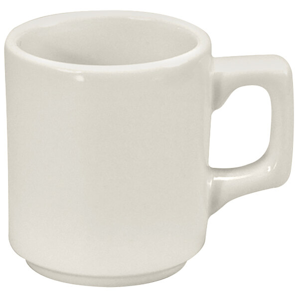A close up of a white Oneida Buffalo porcelain mug with a handle.