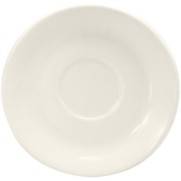 A Oneida Buffalo Cream White Ware porcelain saucer with a circular shape.