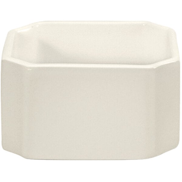 Oneida Buffalo Cream White Ware porcelain sugar caddy with rolled edges and a lid on a white background.