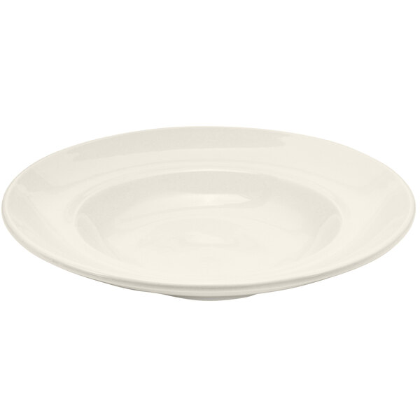 A Oneida Buffalo Cream White Ware porcelain pasta bowl with a wide rim on a white background.