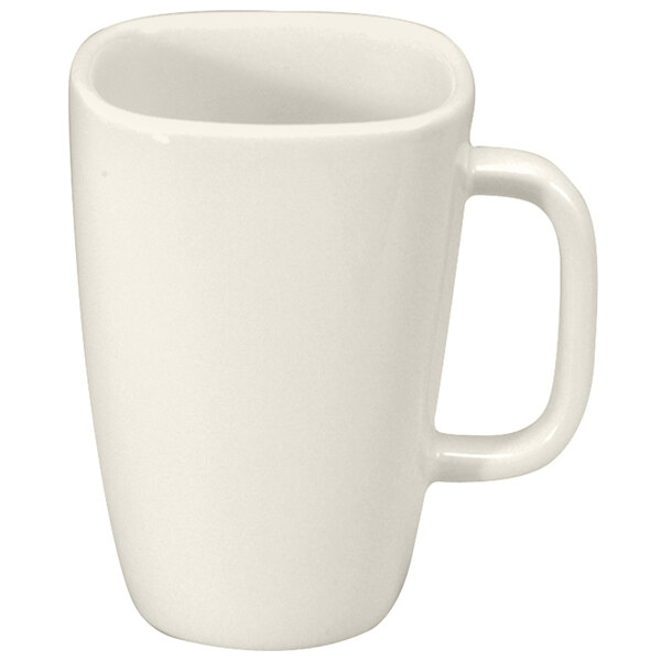 A Oneida Buffalo Cream White rectangular porcelain mug with a handle.