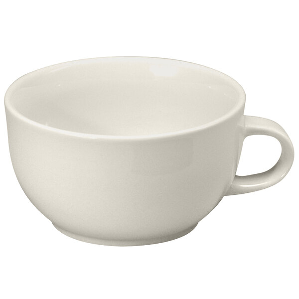 A Oneida Buffalo Cream White Ware porcelain jumbo cup with a white handle.