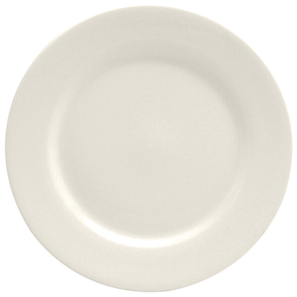 A close-up of a Oneida Buffalo Cream White Ware porcelain plate with a rolled edge and white rim.