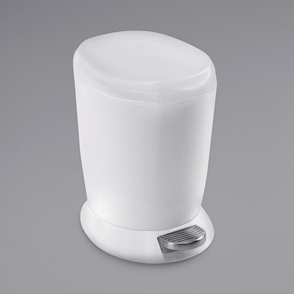 A white simplehuman round step-on trash can with a lid.