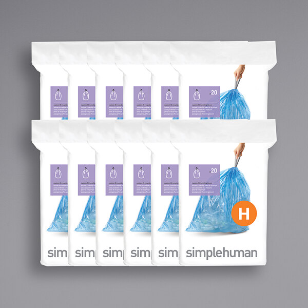 A blue and white package of 240 simplehuman custom fit recycling liners for slim trash cans.