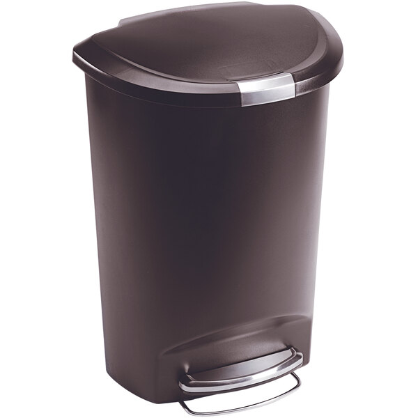 A mocha semi-round simplehuman step-on trash can with a lid.