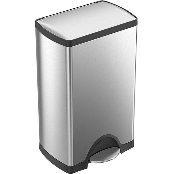 A simplehuman stainless steel rectangular step-on trash can with a black top.