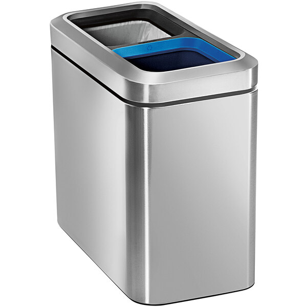 A simplehuman stainless steel rectangular dual compartment trash and recycling can with a blue lid.