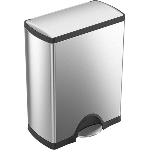 A simplehuman stainless steel rectangular front step-on trash can with a black lid.