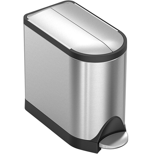 A simplehuman stainless steel rectangular butterfly step-on trash can with a lid.