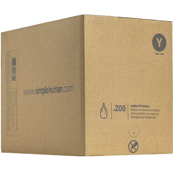 A white cardboard box with a yellow label for simplehuman 30 gallon custom fit trash can liners.