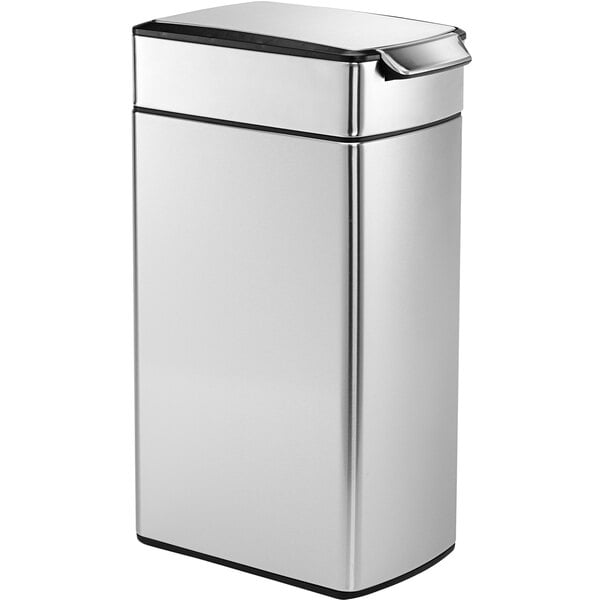 A simplehuman brushed stainless steel slim rectangular touch bar trash can with a lid.