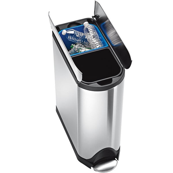 A simplehuman brushed stainless steel dual compartment trash and recycling can with lids open.
