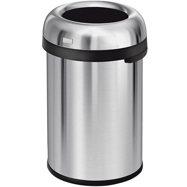 A silver simplehuman stainless steel trash can with a black lid.